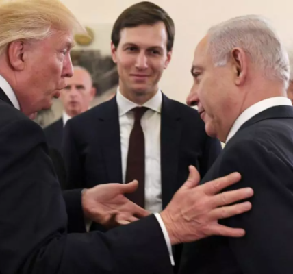 Donald Trump and key allies, including his son-in-law Jared Kushner, during an international meeting in Jerusalem, 2017.