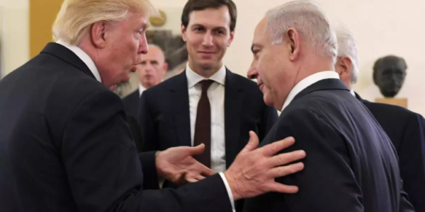 Donald Trump and key allies, including his son-in-law Jared Kushner, during an international meeting in Jerusalem, 2017.