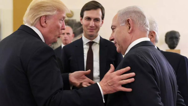 Donald Trump and key allies, including his son-in-law Jared Kushner, during an international meeting in Jerusalem, 2017.