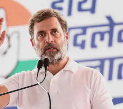 Rahul Gandhi delivering a speech at a Congress event.