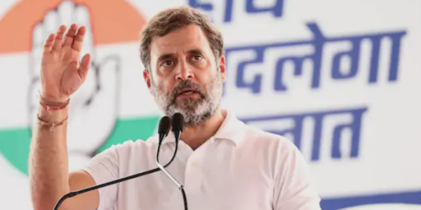 Rahul Gandhi delivering a speech at a Congress event.