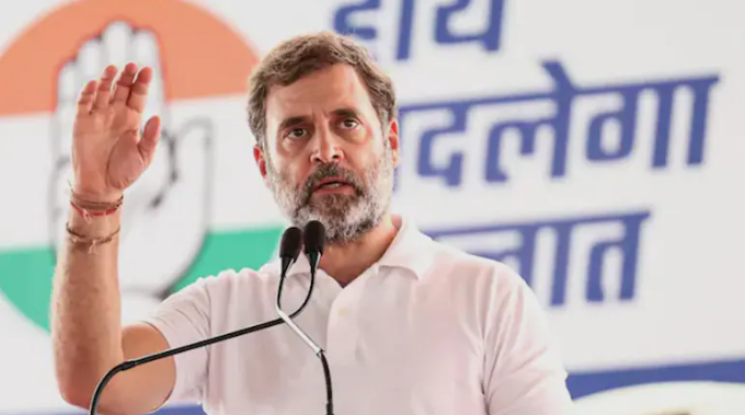 Rahul Gandhi delivering a speech at a Congress event.