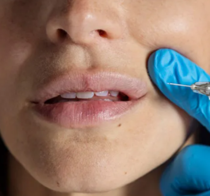 A woman's lower face receiving a cosmetic injection from a gloved hand, symbolizing non-surgical beauty treatments like Botox and fillers.