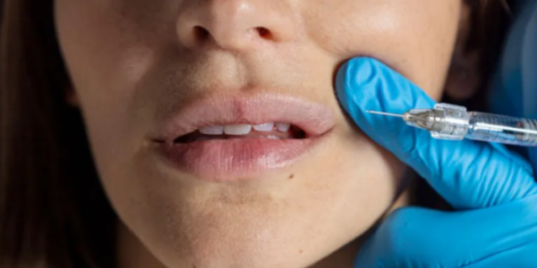 A woman's lower face receiving a cosmetic injection from a gloved hand, symbolizing non-surgical beauty treatments like Botox and fillers.