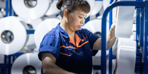 A worker operates automated spinning machinery at a textile factory in Huzhou, China, reflecting China's strong manufacturing growth in mid-2025.