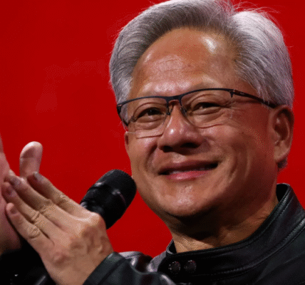 Nvidia CEO Jensen Huang speaking at a tech expo in Beijing, highlighting China’s AI development and H20 chip exports
