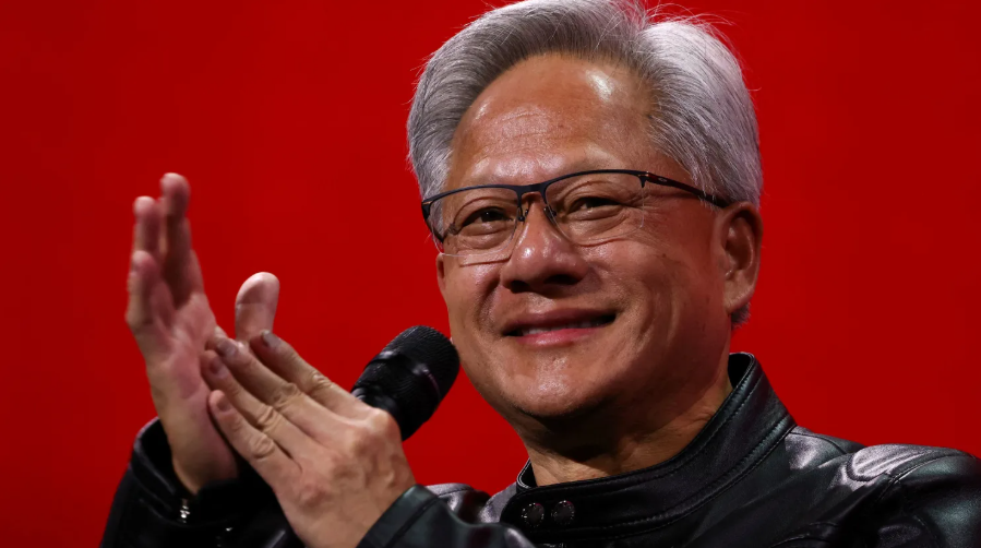 Nvidia CEO Jensen Huang speaking at a tech expo in Beijing, highlighting China’s AI development and H20 chip exports