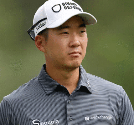 Michael Kim celebrating a PGA Tour victory, highlighting leadership and economic influence in professional golf
