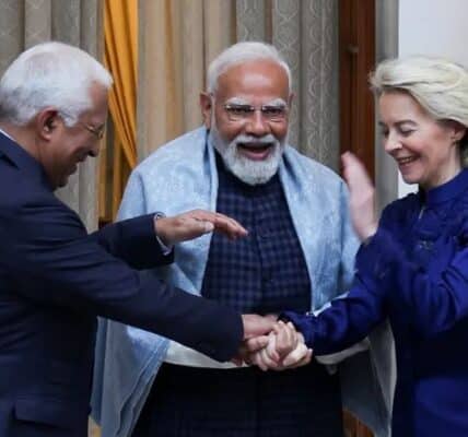 Indian Prime Minister Narendra Modi and EU leaders celebrate historic trade deal in New Delhi.