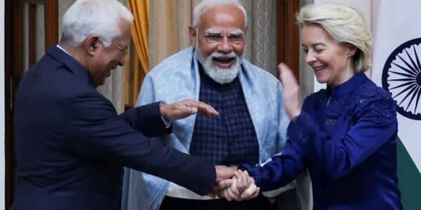 Indian Prime Minister Narendra Modi and EU leaders celebrate historic trade deal in New Delhi.