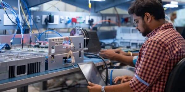 Indian engineer working on semiconductor chip design and manufacturing equipment.