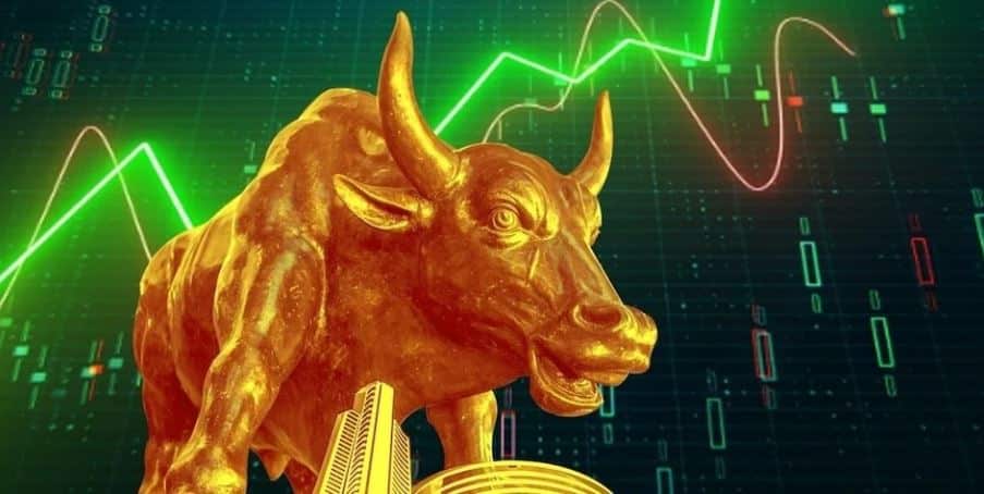 Sensex and Nifty rise chart showing bullish market trend February 2026